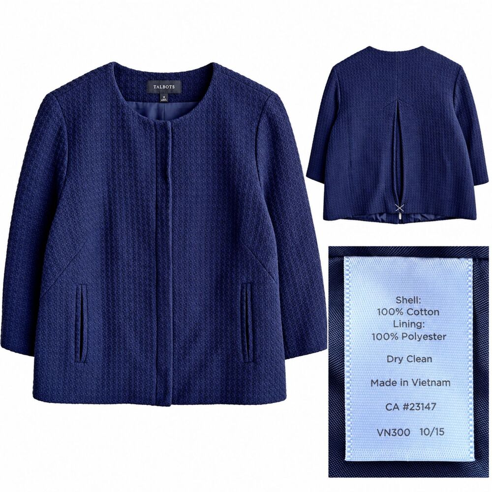 NWT Talbots Women's Blue Textured Cotton Full Zip Pleated Back Blazer NEW $169